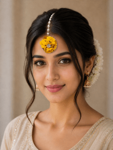 Yellow Flower Maangtikafor women. Perfect floral jewellery for haldi, mehndi, wedding, festive functions, and trendy ethnic styling.