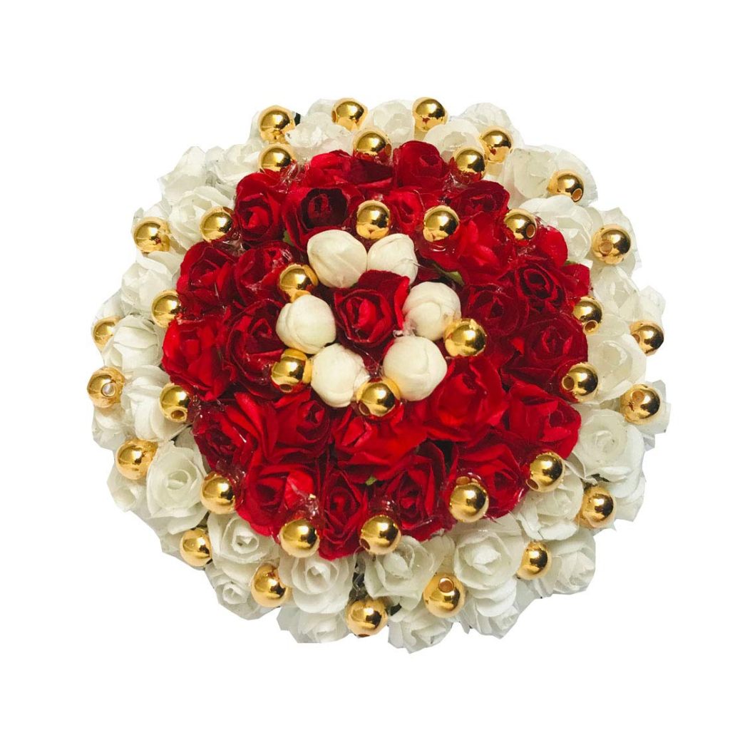 Aasha Fashion Red & White Artificial Flower Juda Extension for Women | Beautiful Rose Flower Juda Bun Hair Accessory with Golden Beads | Bridal Juda Extension for Wedding, Party & Festive Wear