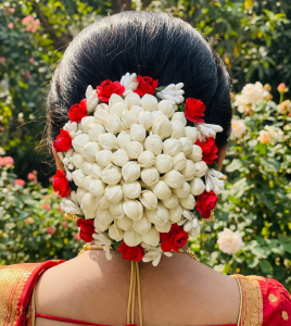 Hair Bun Gajra Flower Artificial Juda Accessories for Women in White And Red Color