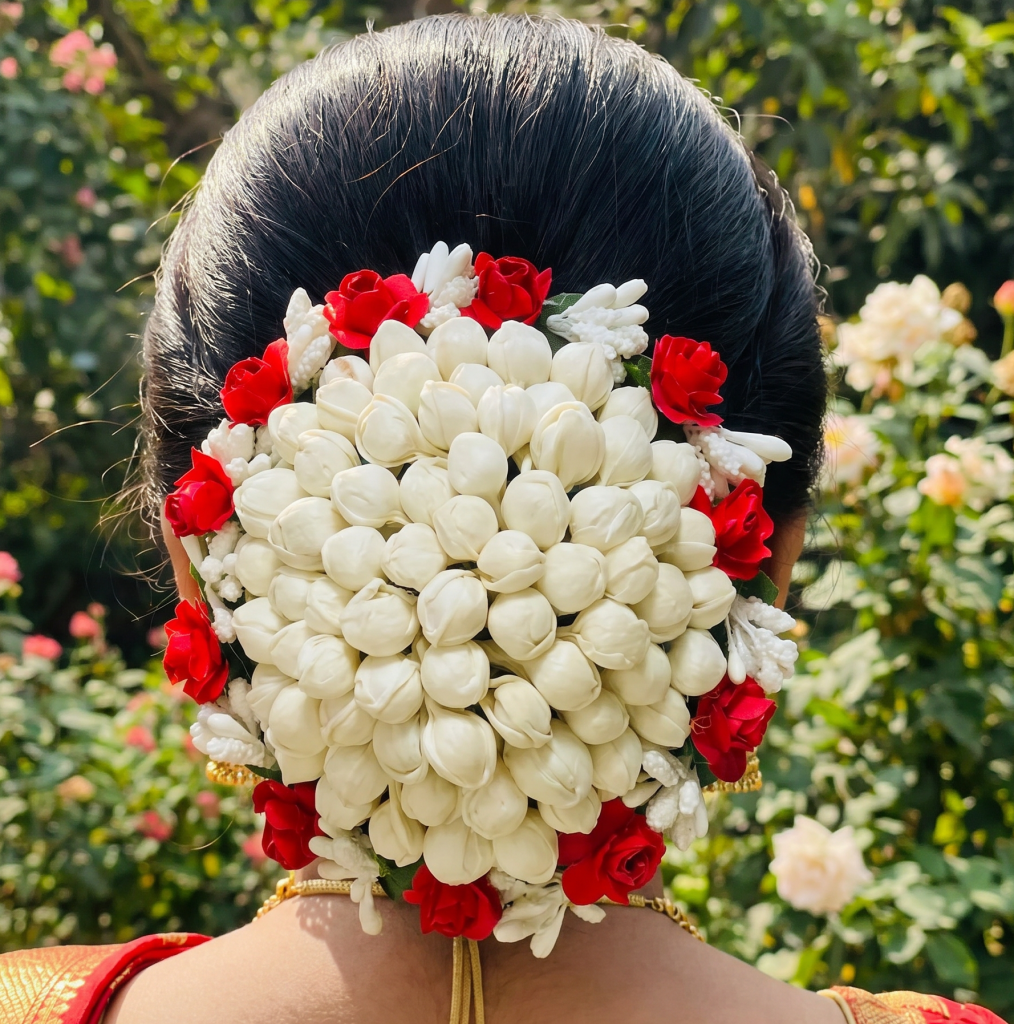 Artificial White Mogra & Red Rose Flower Gajra - Bridal Hair Bun Maker Juda Extension Cover for Women and Girls