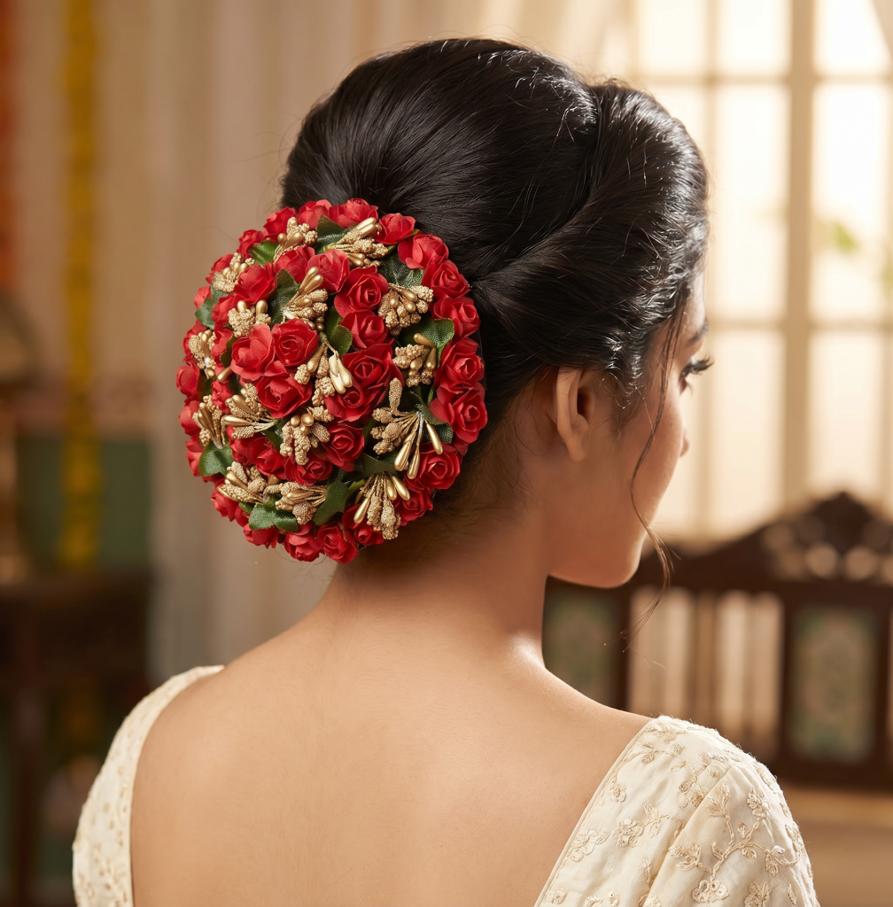 Aasha Fashion Red Artificial Flower Juda Extension for Women | Designer Rose Juda Hair Bun Extension with Golden Floral Embellishments | Bridal Juda Accessories for Wedding, Party & Festive Wear