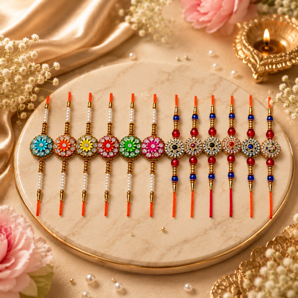 Aasha Fashion Floral Design Rakhi Set for Brother & Bhabhi | Crystal Embellished Rakhi Combo for Rakshabandhan | Religious Designer Rakhi for Brother, Bhaiya, Bhai