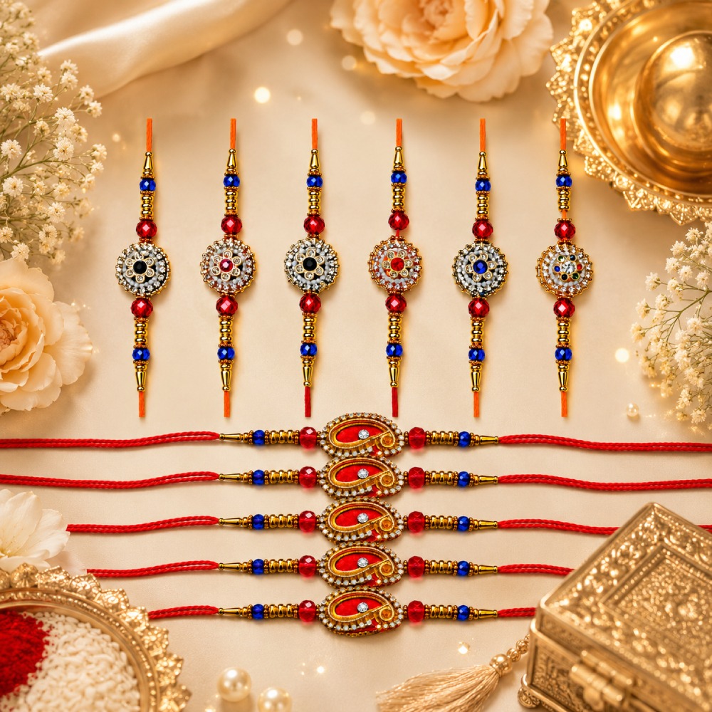 Aasha Fashion Premium Rakhi Set for Brother Circular & Oval Design with Crystal Beads Rakhi for Brother, Bhaiya & Bhai Raksha Bandhan Rakhi Gift Combo