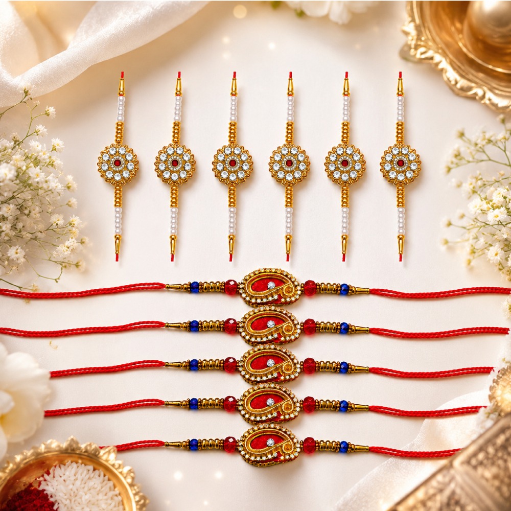 Aasha Fashion Rakhi Set for Brother Religious Designer Rakhi for Brother, Bhaiya & Bhai Stone Studded Floral and Red Beaded Design Fancy Rakhi Combo Raksha Bandhan Rakhi Gift Set