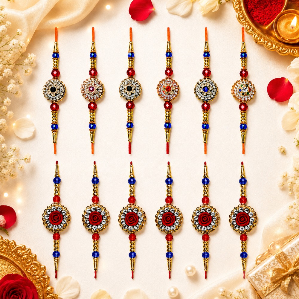 Aasha Fashion Traditional Rakhi Set for Brother Diamond Studded Medallion and Rose Design Rakhi Combo for Brother, Bhaiya & Bhai Raksha Bandhan Rakhi Gift Set
