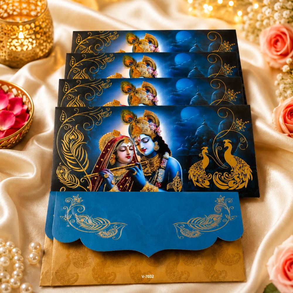 Aasha Fashion Luxury Dark Blue Radha Krishna Indian Wedding Invitation Card Set - Premium Traditional Velvet Peacock Shagun Lifafa & Designer Cash Envelopes for Wedding, Engagement, Anniversary & Festive Occasions Gift Item