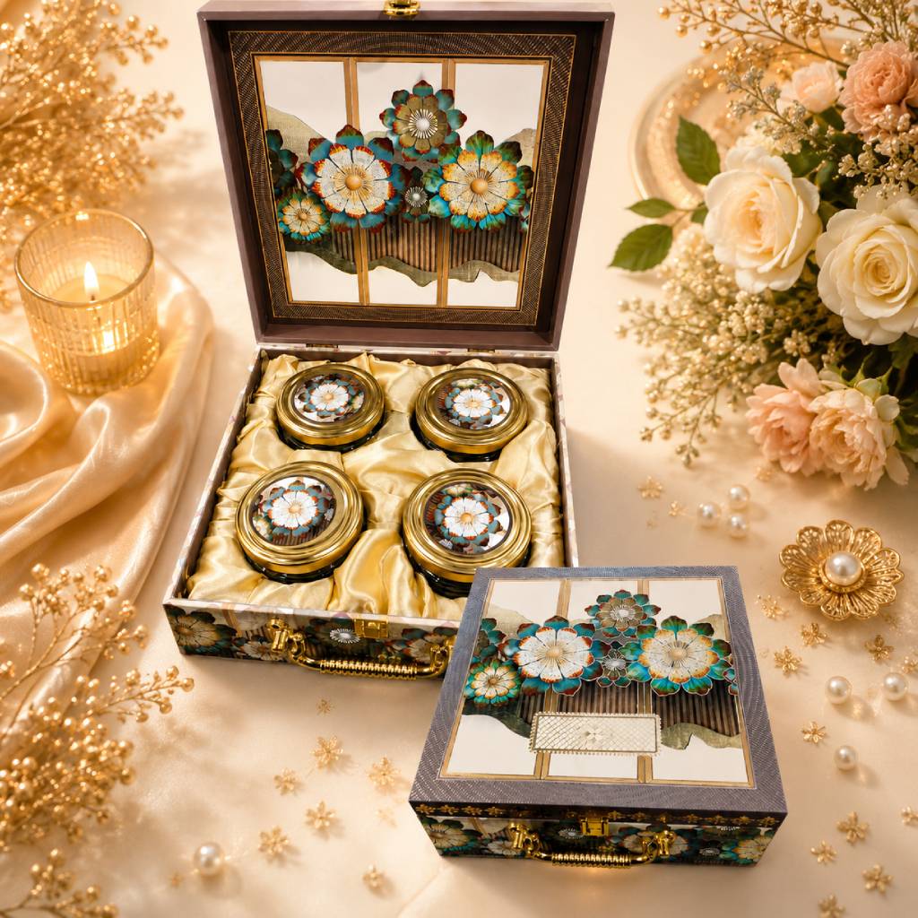Handcrafted Wedding Favor Trunk Box – Antique Gold Rim Glass Airtight Jars for Dry Fruits, Chocolates, and Mukhwas, Royal Grey & Turquoise Flower Theme Return Gift Hamper Pack