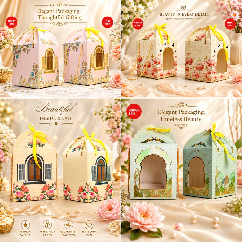 Aasha Fashion Luxury Festive Gift Boxes with Window Cutouts (Assorted Pack) – Premium Cardboard Sweet and Dry Fruit Hampers with Ribbon Handles, Elegant Floral & Mughal Art Favor Boxes for Weddings, Diwali, and Parties