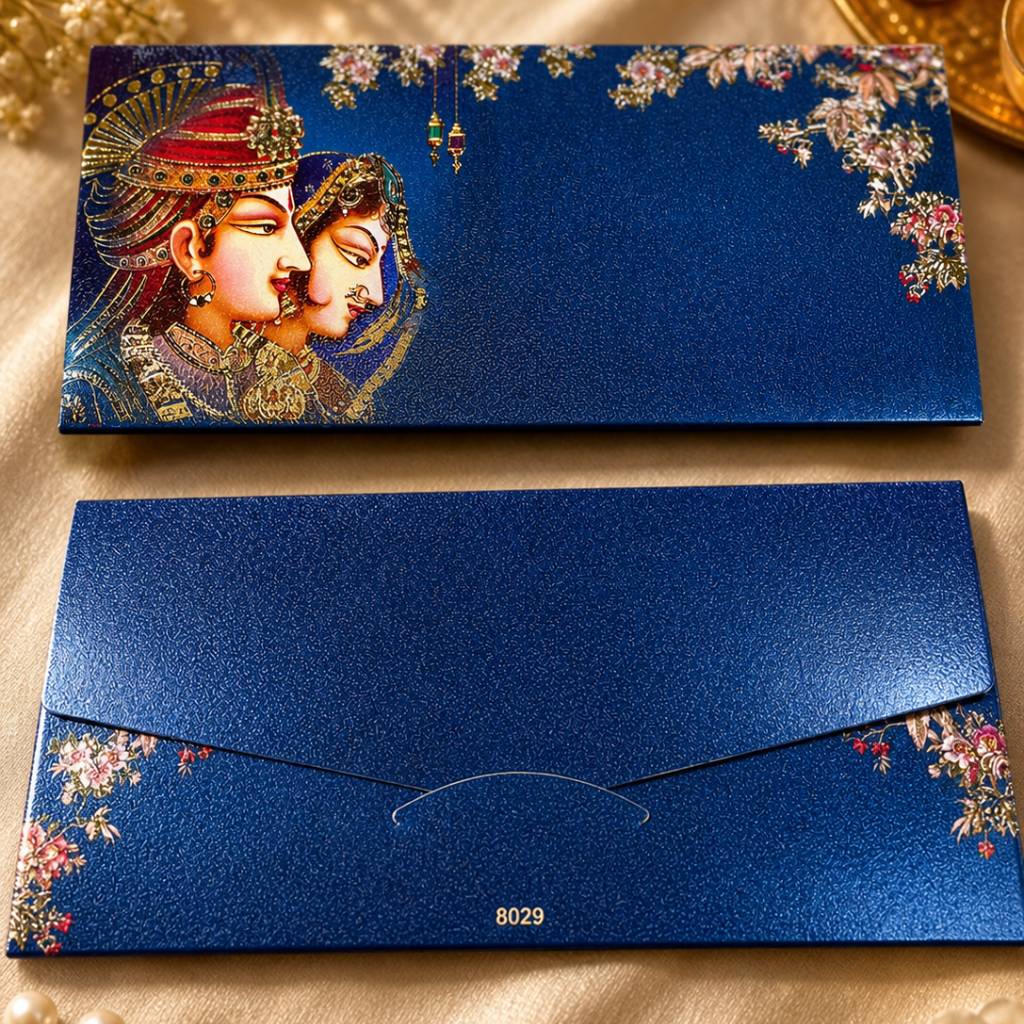 aasha fashion luxury royal blue radha krishna indian wedding invitation card set - premium traditional shagun lifafa & designer shadi cash envelopes for festive occasions gift item
