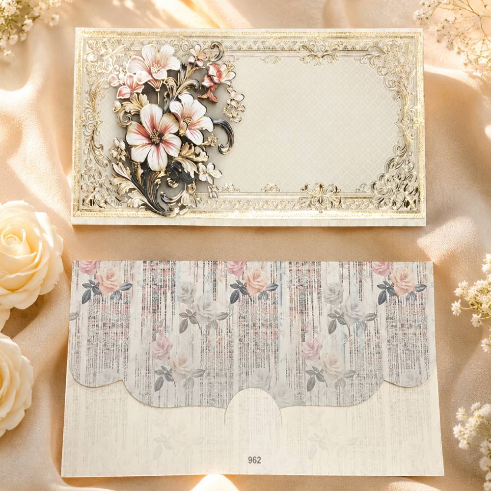 Aasha Fashion Luxury Floral Off-White Indian Wedding Invitation Card Set - Premium Embossed Granning Shagun Lifafa & Designer Festival Cash Envelopes
