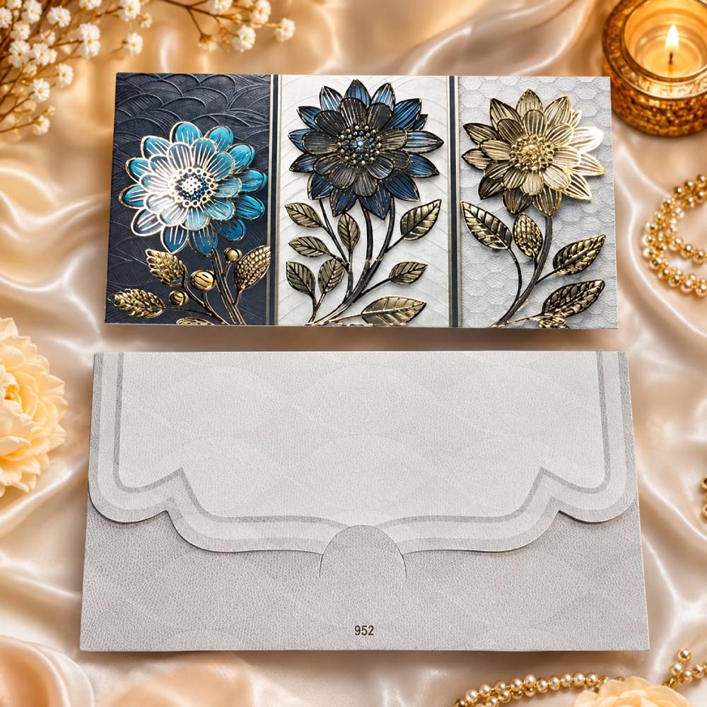 Designer Metallic Cash Gift Envelope – 3D Blue and Gold Flower Motif Money Holder Lifafa for Indian Weddings, Diwali, Rakhi, Blessings, and Special Occasions