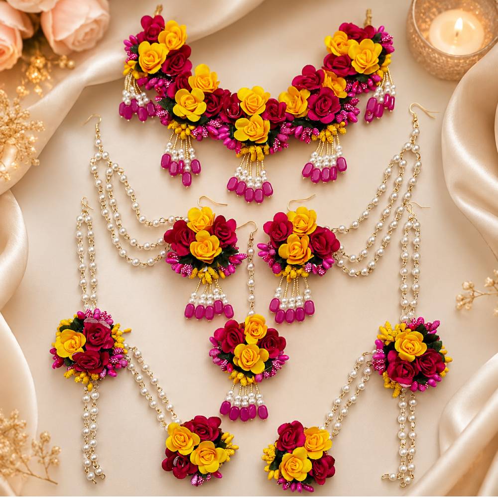 Aasha Fashion Multicolor Artificial Flower Jewellery Set For Women & Girls | Bridal & Wedding Imitation Jewellery Set With Floral Necklace Set, Earrings, Maang Tikka & Hathphool Jewelry | Haldi, Mehendi, Baby Shower & Festive Wear