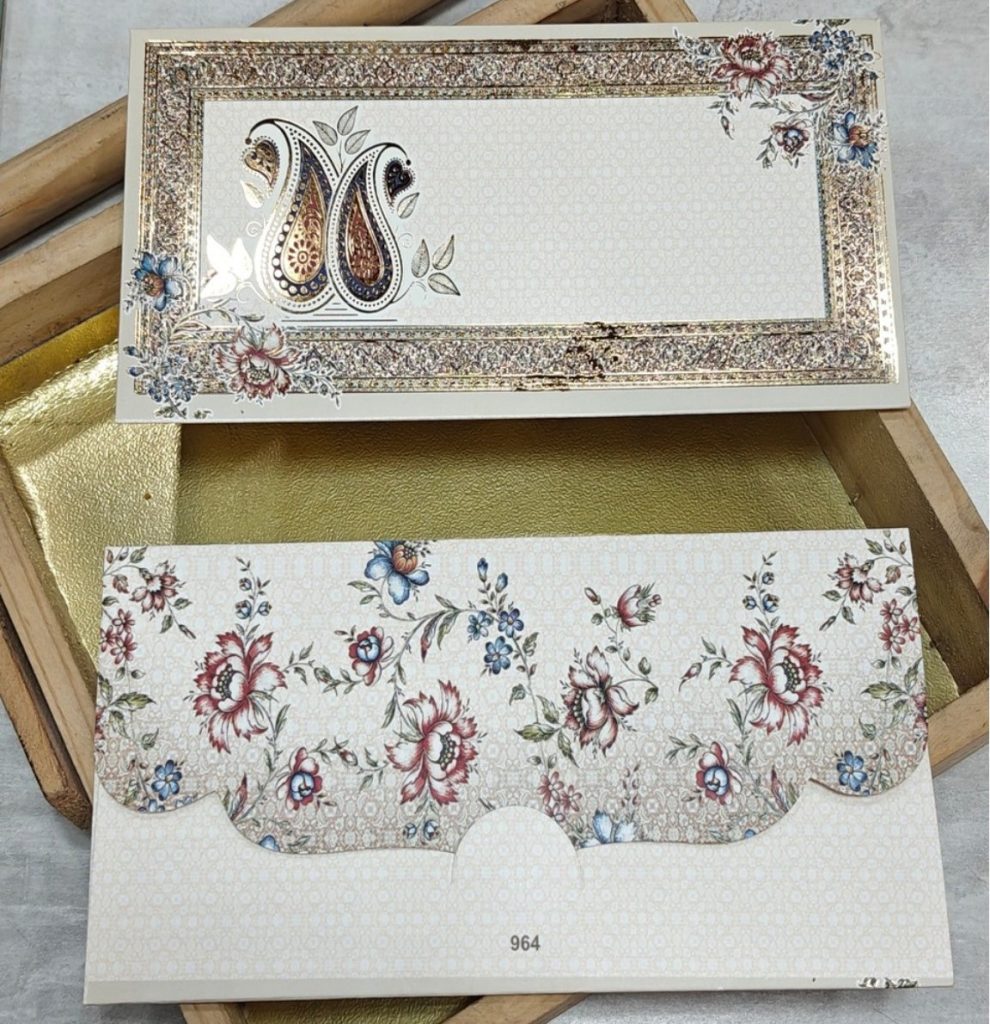 Designer Indian Wedding Invitation Card Set - Luxury Golden Foil Paisley Shagun Lifafa & Floral Festive Cash Envelopes