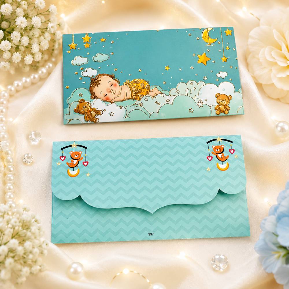 Aasha FashionPremium Blue Designer Shagun Envelopes Golden Foil Paper Cash Gift Covers for Baby Shower, Newborn Baby Celebration & Blessing Ceremony