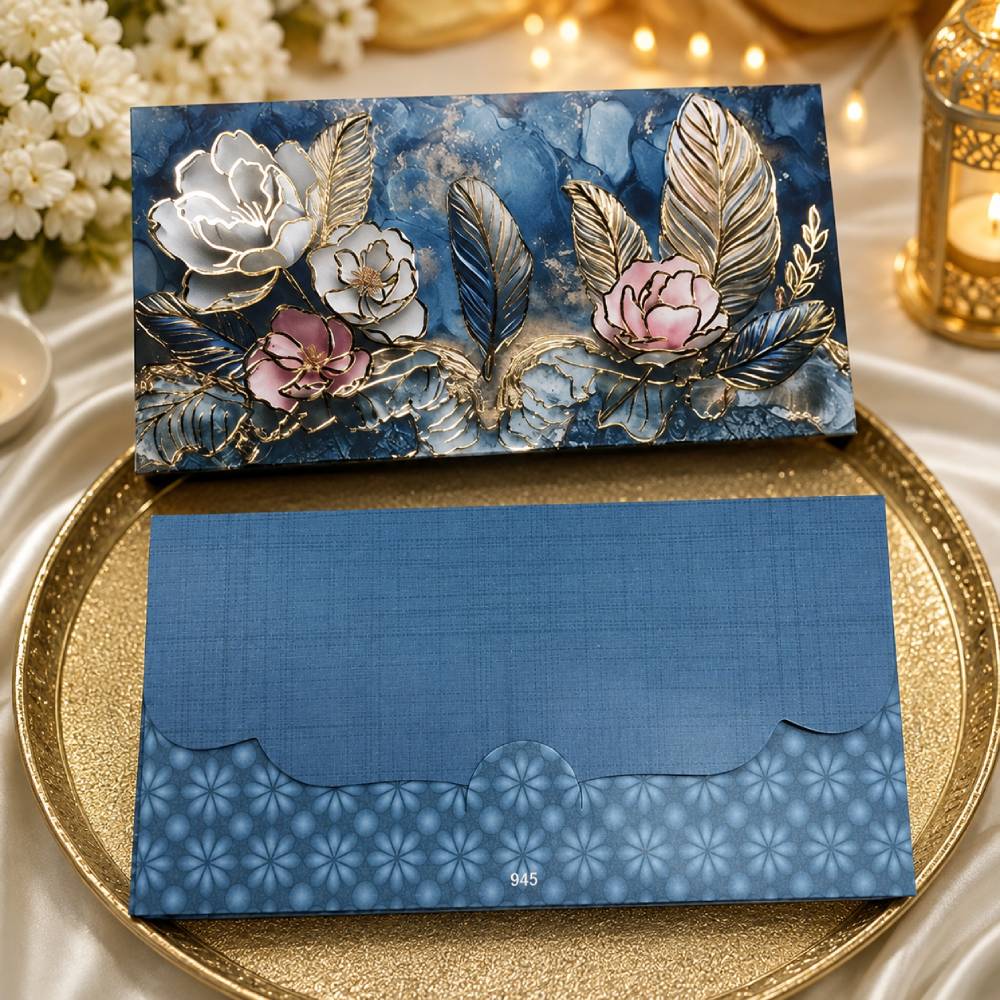 Aasha Fashion Premium Designer Blue Floral Gift Item Envelopes | Golden Foil Paper Shagun Lifafa Money Cash Cover | Rectangle Shape Sagan Gifting Envelope for Wedding, Marriage, Birthday, Diwali, Festivals & Special Occasions