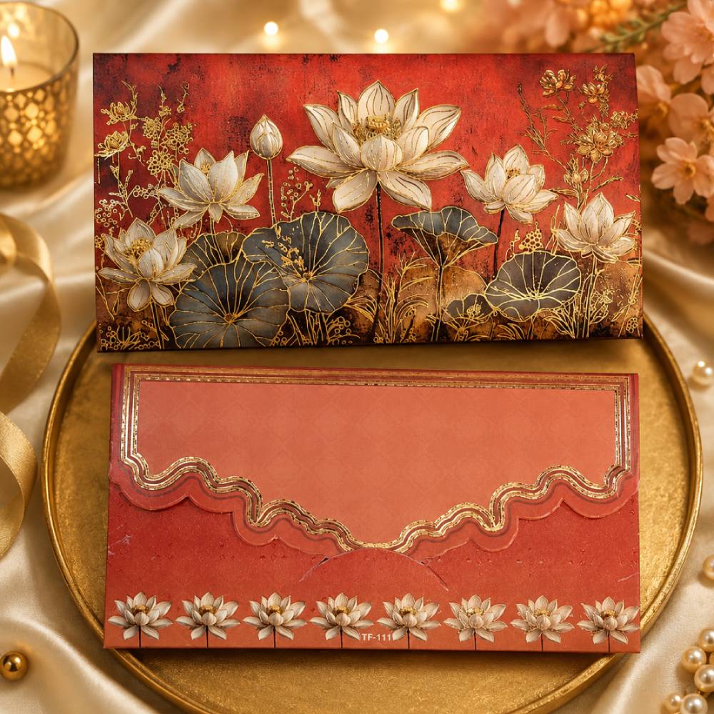 Aasha Fashion Luxury Red Lotus Pond Indian Wedding Invitation Card Set - Premium Three Fold Shagun Lifafa & Designer Shadi Cash Envelopes for Marriage Gift Item