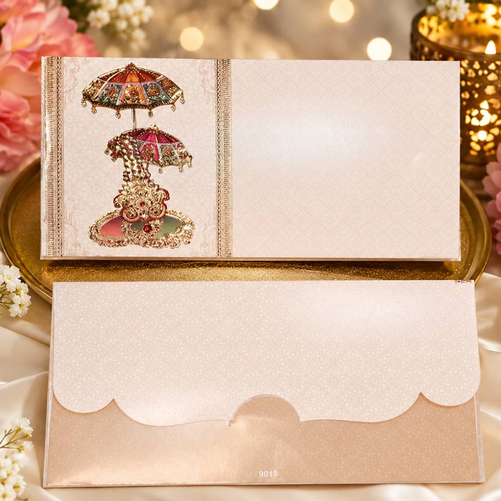 Aasha Fashion Fancy Cream Royal Umbrella Indian Wedding Invitation Card Set - Premium Traditional Chhatri Theme Shagun Lifafa & Designer Shadi Cash Envelopes for Marriage Gift Item
