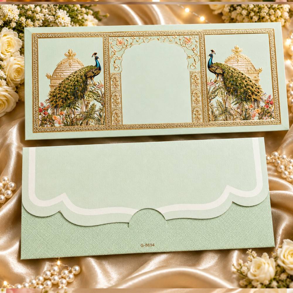 Aasha Fashion Luxury Mint Green Peacock Indian Wedding Invitation Card Set - Premium Granning Shagun Lifafa & Designer Shadi Cash Envelopes