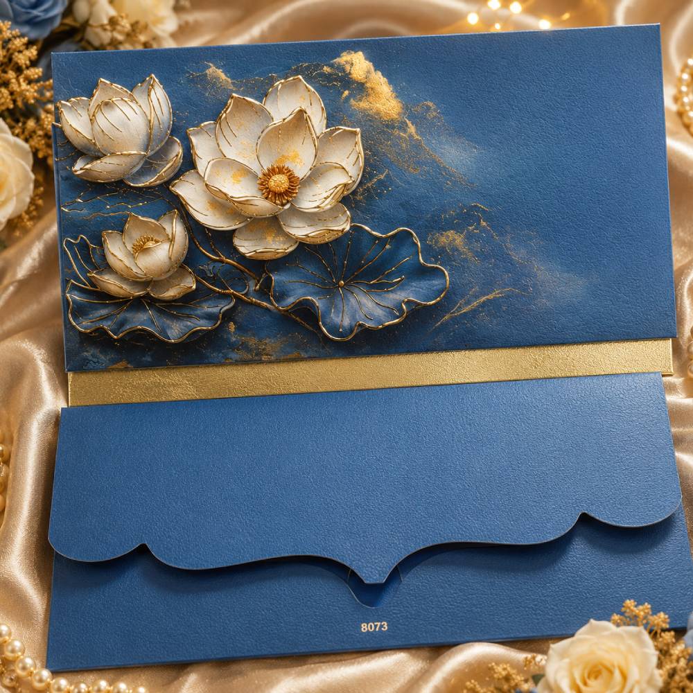 Aasha Fashion Luxury Royal Blue Lotus Indian Wedding Invitation Card Set - Premium granning Shagun Lifafa & Designer Festive Cash Envelopes for Shadi, wedding, and Puja