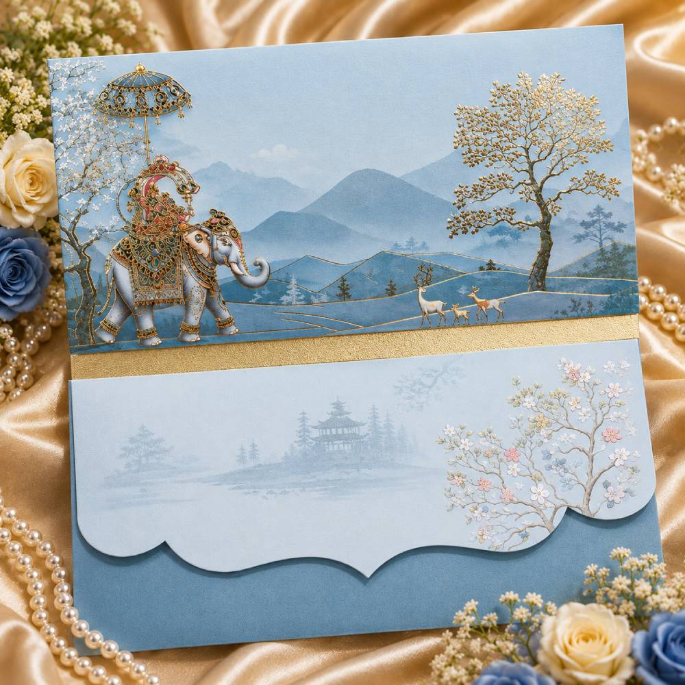 Aasha Fashion Luxury Royal Blue Elephant Indian Wedding Invitation Card Set - Premium Gold Foil Baraat Shagun Lifafa & Designer Festive Shadi Cash Envelopes