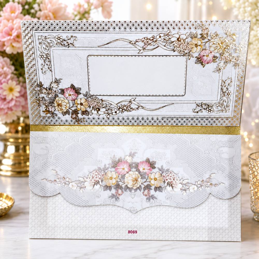 Aasha Fashion Luxury Floral Indian Wedding Invitation Card Set - Premium Off-White & Gold Shagun Lifafa with Designer Shadi Cash Envelopes