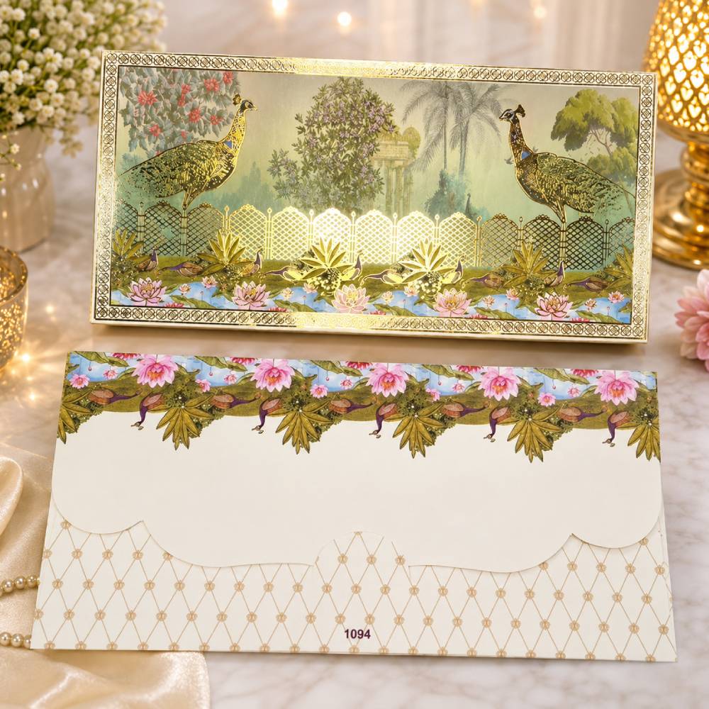 Traditional Indian Wedding Invitation Card Set - Luxury Golden Foil Peacock Design Shagun Lifafa & Festive Cash Envelopes