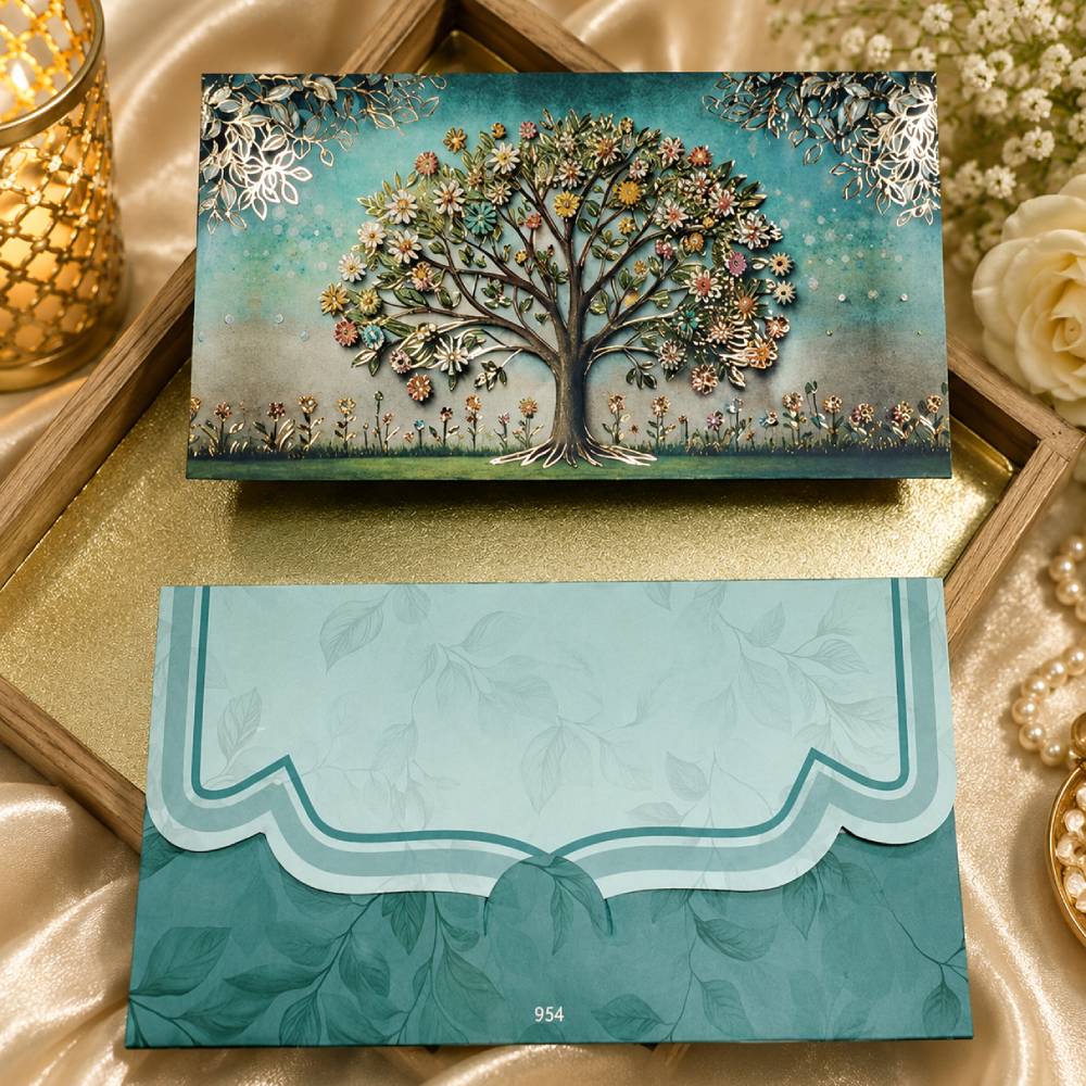 Aasha Fashion Luxury Tree of Life Indian Wedding Invitation Card Set - Premium Golden Foil Shagun Lifafa & Designer Festive Cash Envelopes