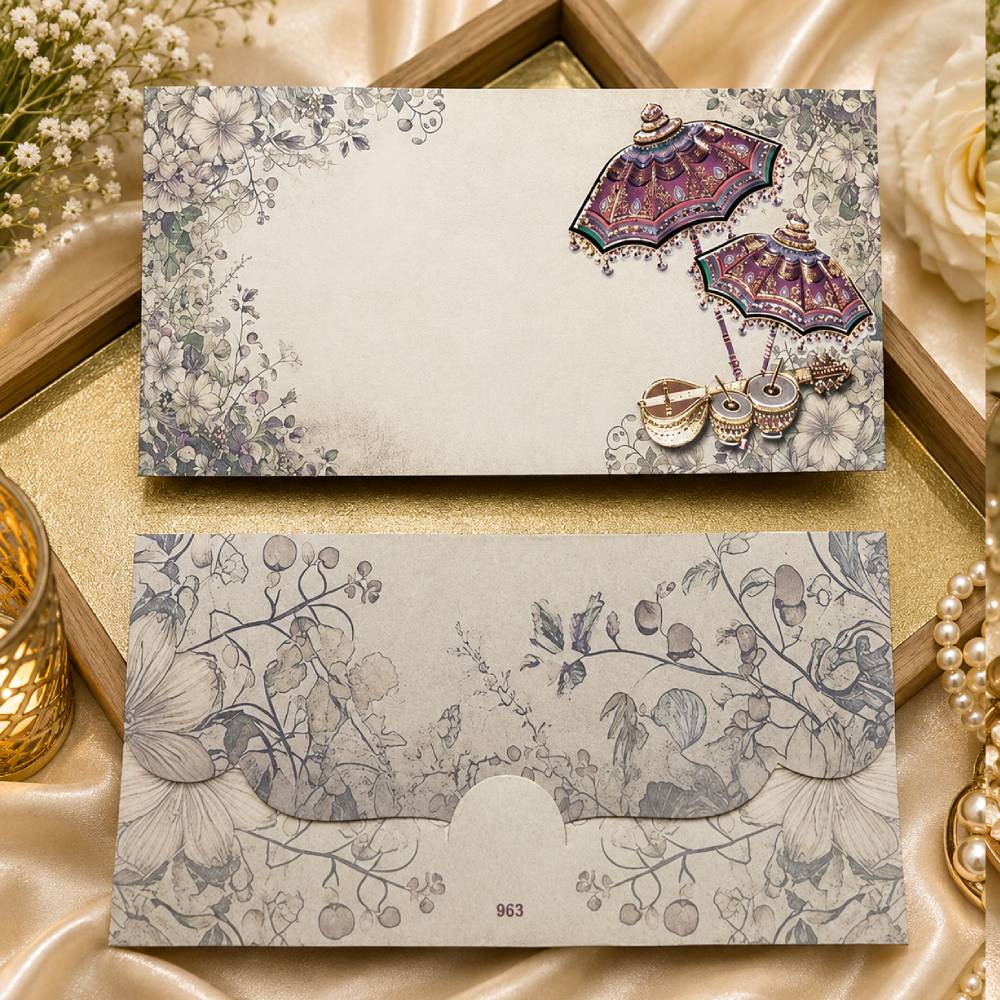 Premium Indian Wedding Invitation Card Set - Luxury Royal Umbrella & Sitar Design Shagun Lifafa with Floral Festive Cash Envelopes