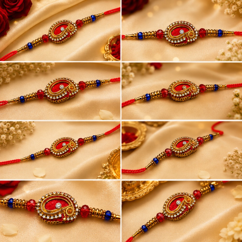 Designer Kundan Rakhi Set for Men and Boys – Elegant Paisley Dial Wristband with Rhinestones, Faux Pearls, and Colorful Crystal Beads