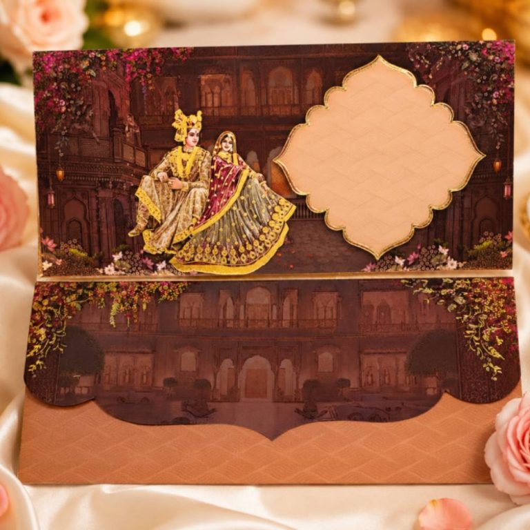 Aasha Fashion Royal Bride & Groom Indian Wedding Invitation Card Set - Premium Traditional Palace Theme Shagun Lifafa & Designer Shadi Cash Envelopes for Marriage Gift Item