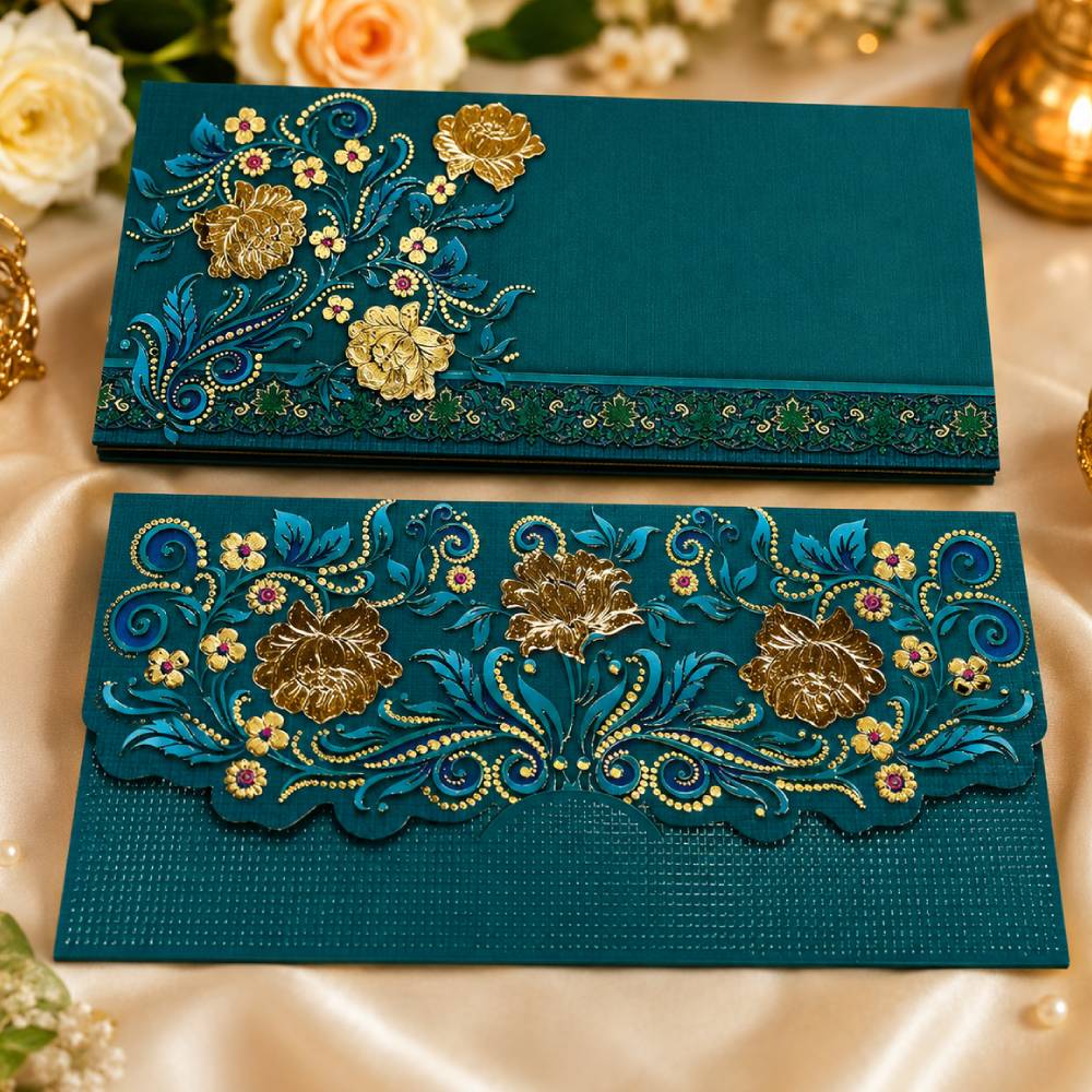 Aasha Fashion Luxury Teal Blue Floral Indian Wedding Invitation Card Set - Premium Embossed Velvet Shagun Lifafa & Designer Shadi Cash Envelopes for Festival Gift Item