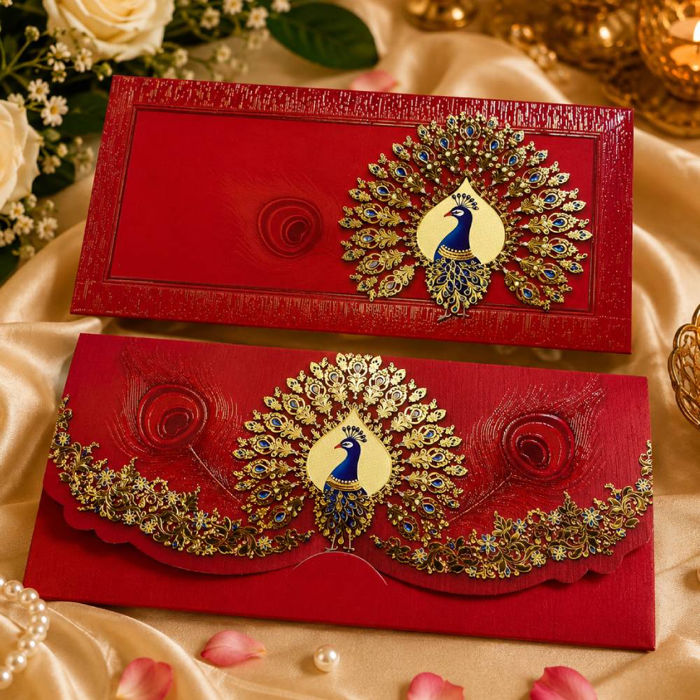 Aasha Fashion Luxury Red Peacock Indian Wedding Invitation Card Set - Premium Embossed Velvet Shagun Lifafa & Designer Shadi Cash Envelopes for Festival Gift Item
