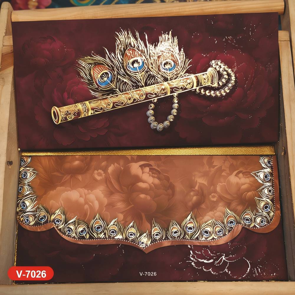 Aasha Fashion Luxury Maroon Krishna Flute Indian Wedding Invitation Card Set - Premium Velvet Peacock Feather Shagun Lifafa & Designer Shadi Cash Envelopes for Festival Gift Item