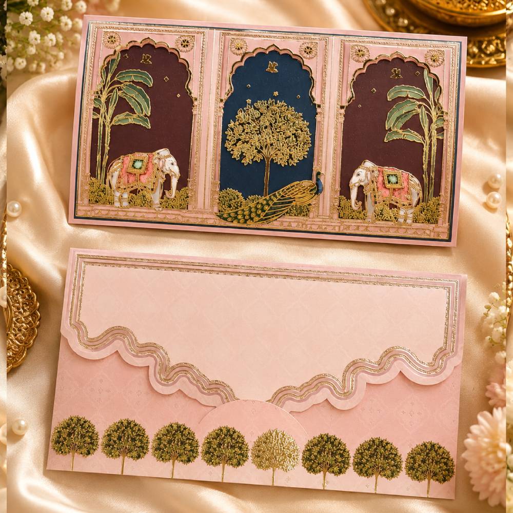 Aasha Fashion Pink Designer Shagun Envelope with Elephant & Peacock Print | Premium Money Gift Envelope for Wedding, Engagement, Shagun & Festive Occasions | Decorative Cash Envelope for Indian Gifting