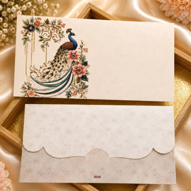 Aasha fashion luxury floral peacock indian wedding invitation card set - premium cream shagun lifafa & designer shadi cash envelopes for festival gift item