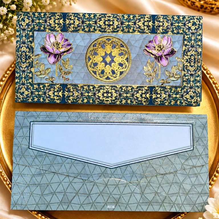 Luxury royal blue & gold mosaic indian wedding invitation card set - premium purple flower shagun lifafa and designer shadi cash envelopes for festival gift item