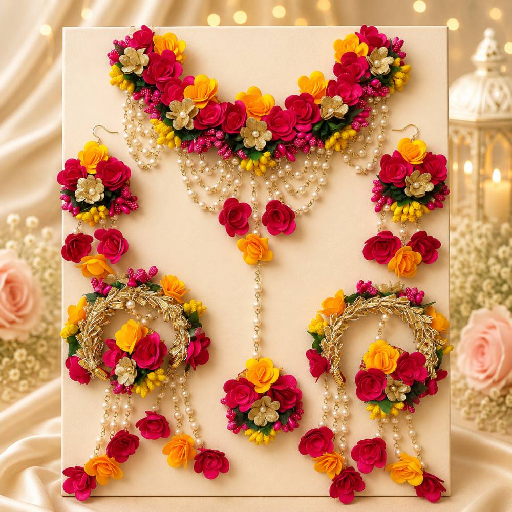Aasha Fashion designer red & yellow artificial flower jewellery set for women & girls | bridal necklace set, maang tikka, earrings & hathphool jewels| handcrafted wedding jewelry set for festival & special occasions