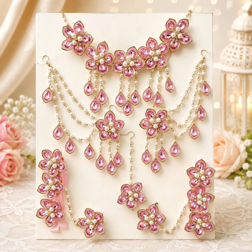 aasha fashion pink kundan artificial jewellery set for women & girls | ethnic bridal wedding jewelry set with necklace, maang tikka, earrings & hathphool set | handcrafted flower jewellery for festival & special occasion