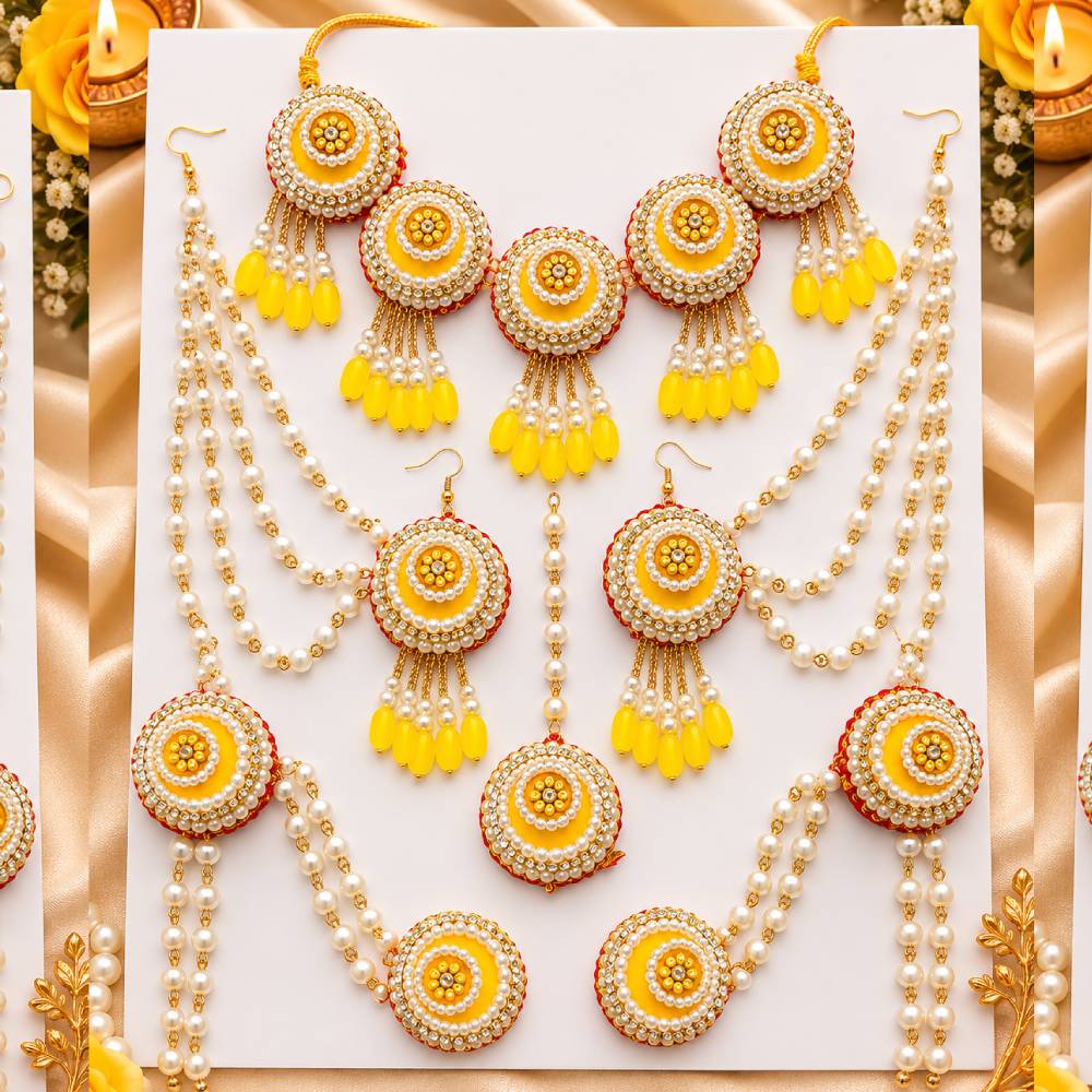 aasha fashion designer yellow & white artificial pearl jewellery set for women & girls | handmade floral necklace, earrings, maang tikka set & hathphool jewelry | bridal wedding & festive jewellery