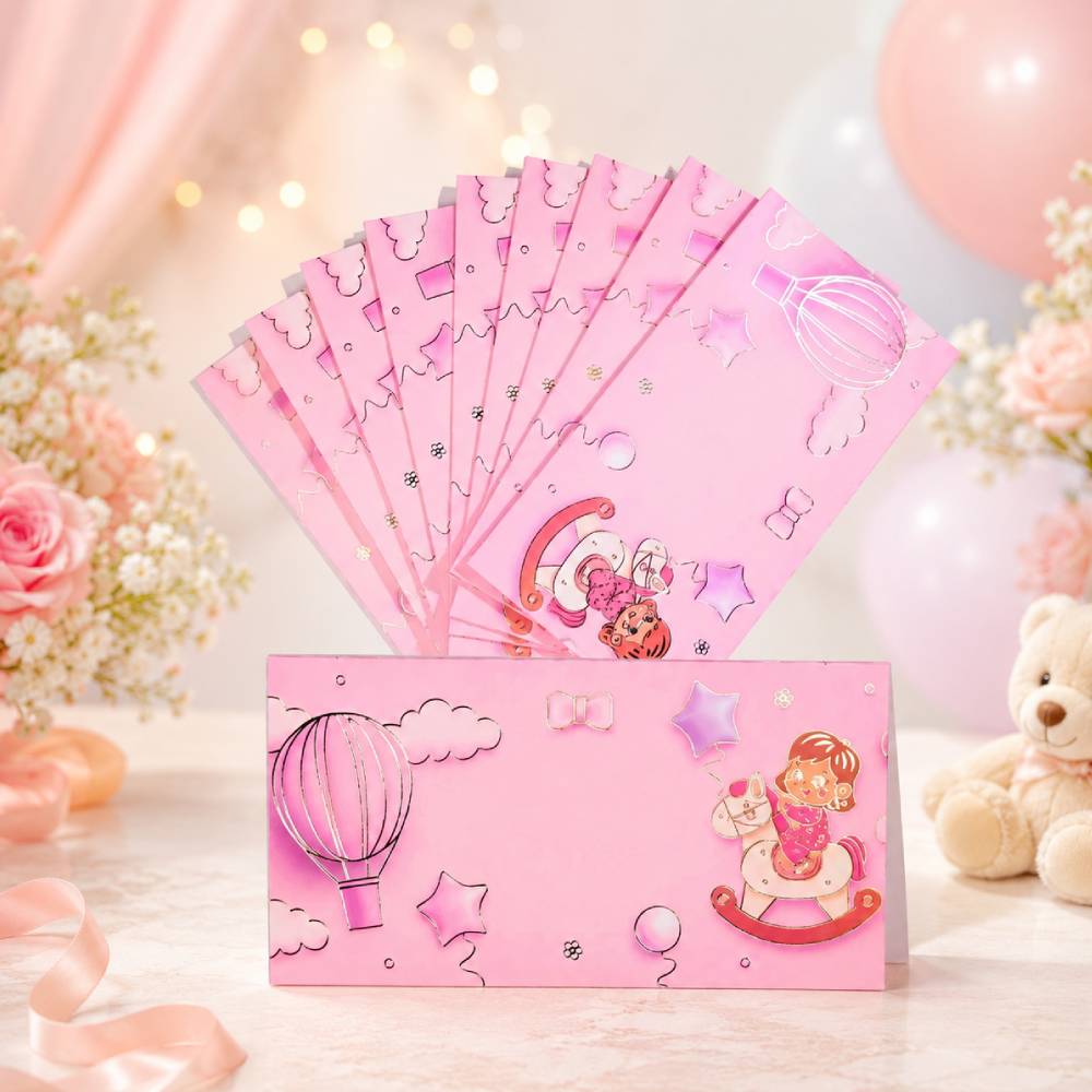 aasha fashion luxury baby girl pink theme birthday invitation card set - premium cute rocking horse & hot air balloon shagun lifafa with designer cash envelopes for kids party, mundan, and naming ceremony