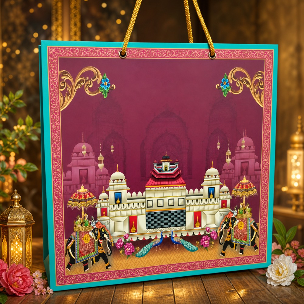 Large Designer Trousseau Gift Bag – Maroon and Turquoise Festive Favor Bag with Gold Rope Handles for Wedding Return Gifts, Sarees, Dry Fruit Hampers, and Corporate Gifting