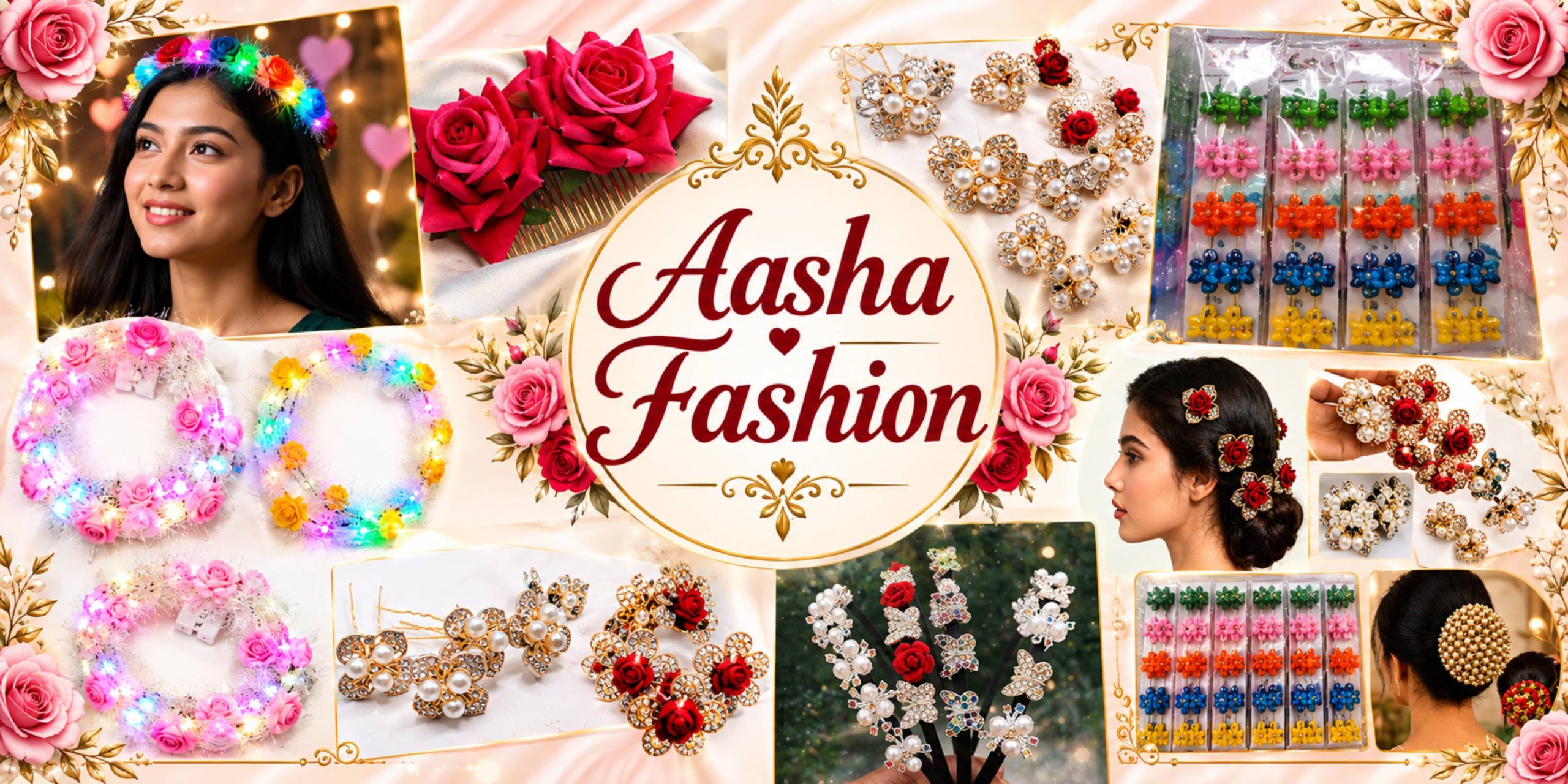 Aasha Fashion Ultimate Hair Accessories Products for Women & Girls - LED Light Flower Crown, Bridal Bun Maker Gajra, Juda Pins, Gold Pearl Pins, and Multicolor Tic Tac Butterfly Clips Mega Set