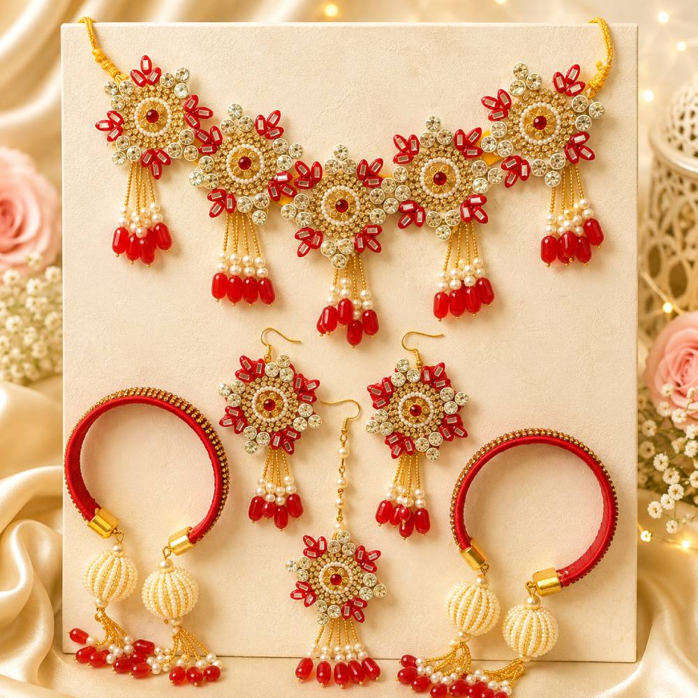 aasha fashion designer red & gold artificial jewelry set for women – bridal necklace, maang tika, earrings set & bangles for wedding & festival