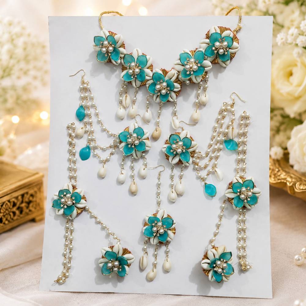 aasha fashion turquoise & white artificial flower jewellery set for women & girls | floral bridal imitation jewellery with necklace set, earrings, maang tikka & hathphool jewels |wedding, haldi, mehendi, baby shower & festive wear