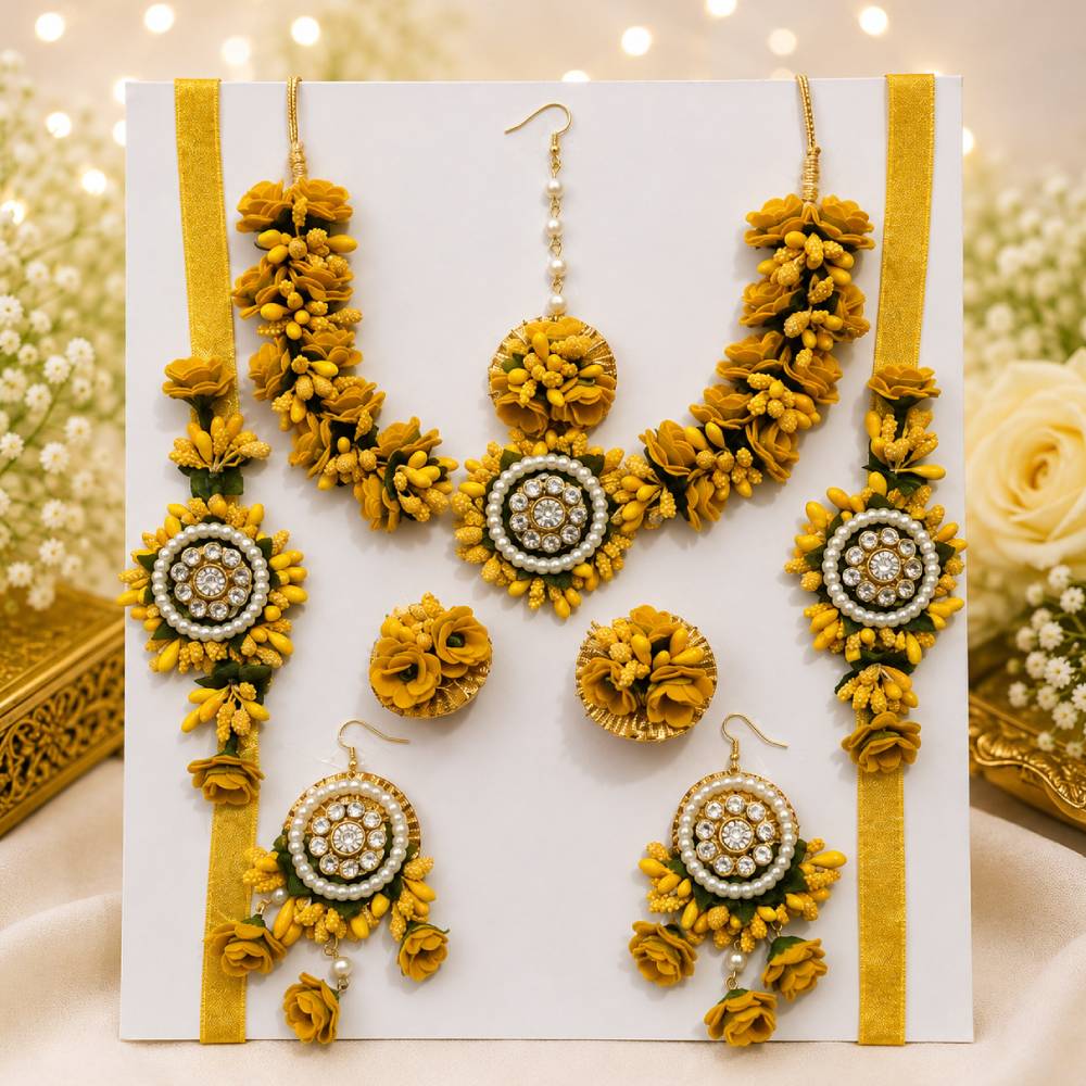 Aasha Fashion Designer Yellow Floral Artificial Jewellery Set for Women & Girls | Handcrafted Bridal Necklace, Mangtika, Earrings & Hathphool Set | Wedding, Festival & Special Occasion Jewelry