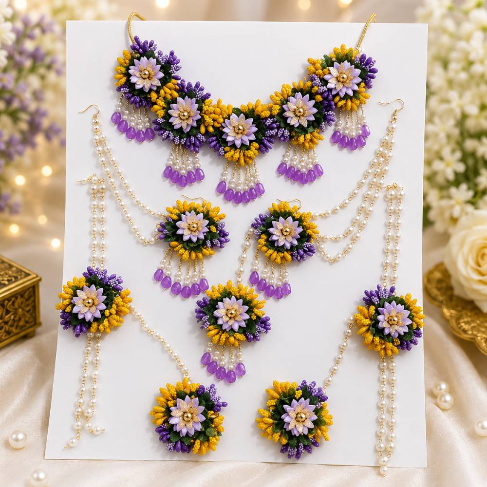 Aasha fashion designer purple & yellow flower artificial jewelry set for women & girl – bridal necklace, maang tikka, earring set & hathphool jewellery for Festival and Wedding