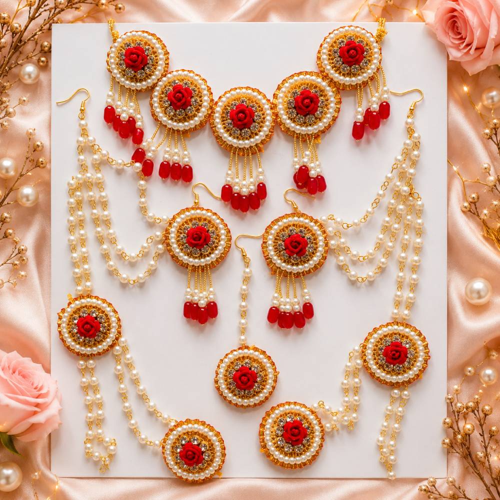 Aasha Fashion Artificial Jewellery Set for Women & Girl – Red Rose Pearl Bridal Necklace, Mangtika, Earrings Set & Hathphool for Festival & Wedding