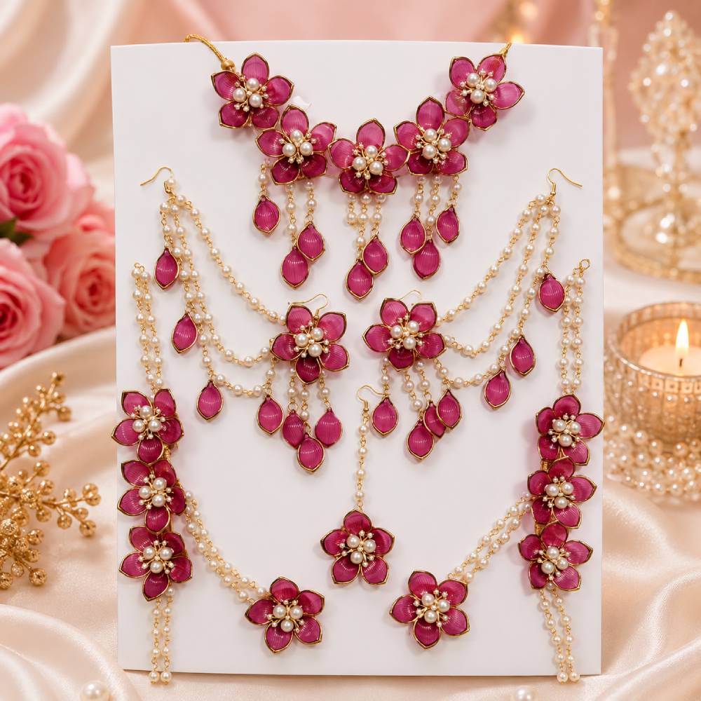 aasha fashion maroon pink artificial jewellery set for women & girls | designer pearl necklace set with earrings, mang tika & hathphool jewels | bridal wedding imitation jewelry set for engagement, mehndi, haldi & festivals