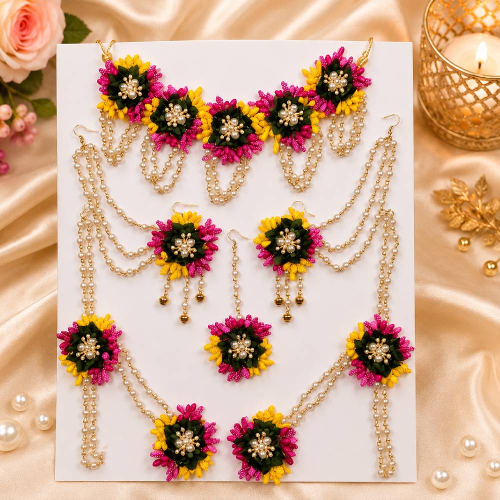 aasha fashion multicolor floral artificial jewellery set for women & girls | designer beaded necklace set with earrings, maang tikka & hathphool jewelry| bridal wedding jewellery for mehndi, haldi, engagement & festivals