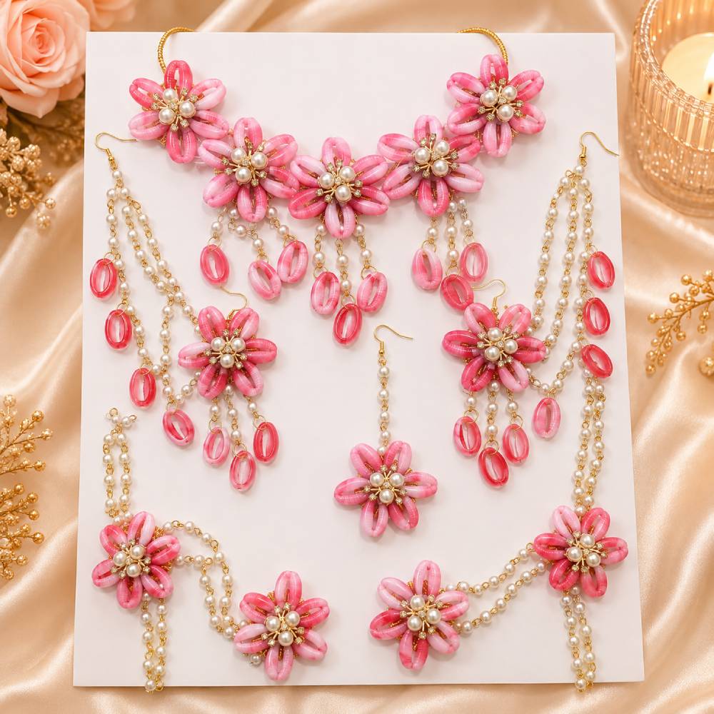 Aasha Fashion Pink Floral Artificial Jewellery Set for Women & Girls | Designer Pearl Flower Necklace Set with Earrings, Mangtika & Hathphoo Jewelryl | Traditional Bridal Jewelry Set for Wedding, Engagement, Mehndi, Haldi & Festivals